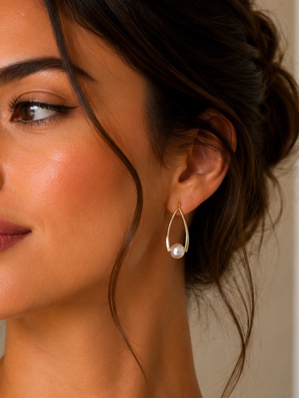 Delicate Gold Hoop Earrings with White Pearl Accent - Women Jewelry